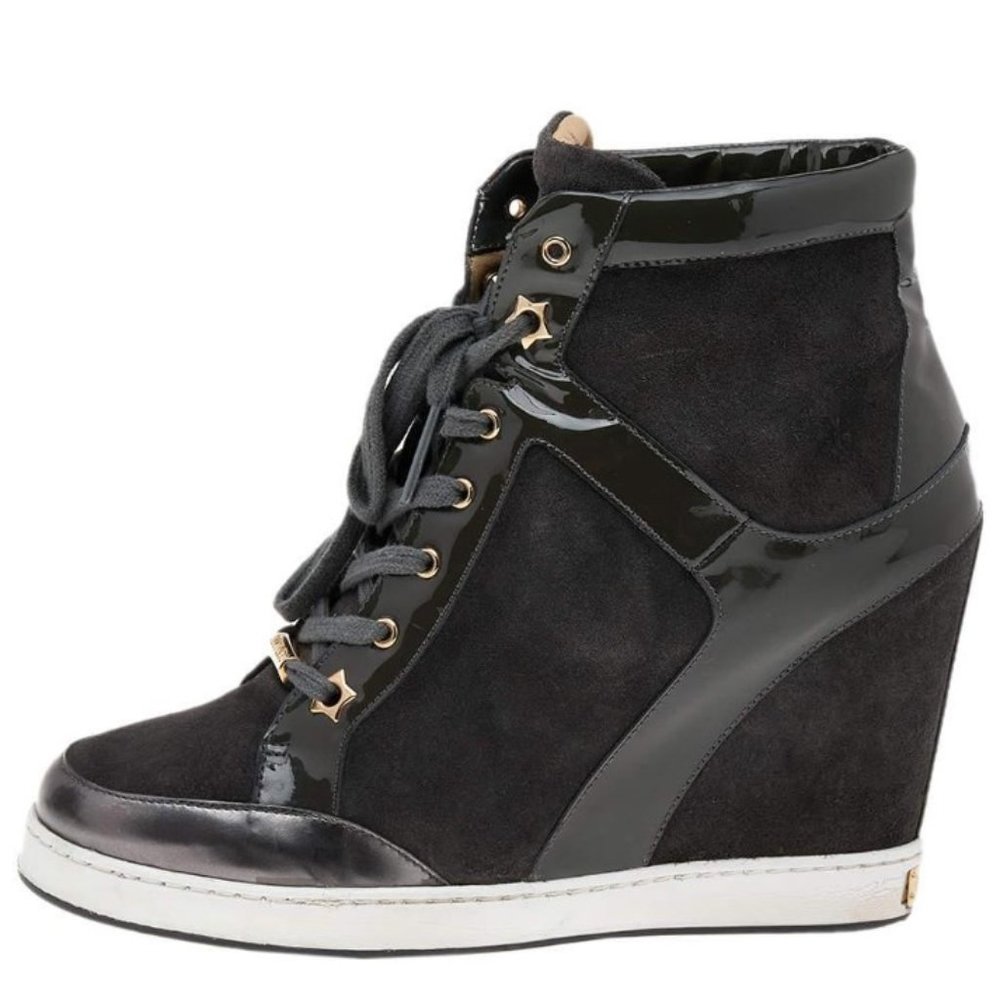 Size 9 JIMMY CHOO Panama Suede & Patent Wedge Sneaker